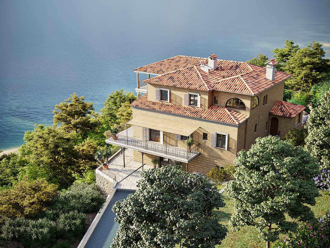 3D Rendering einer Villa in Frankreich, Vogelperspektive
