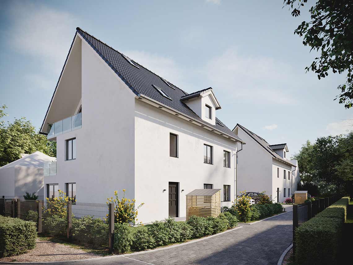 3D-Außenvisualisierung des Eingangs, zwei Mehrfamilienhäuser