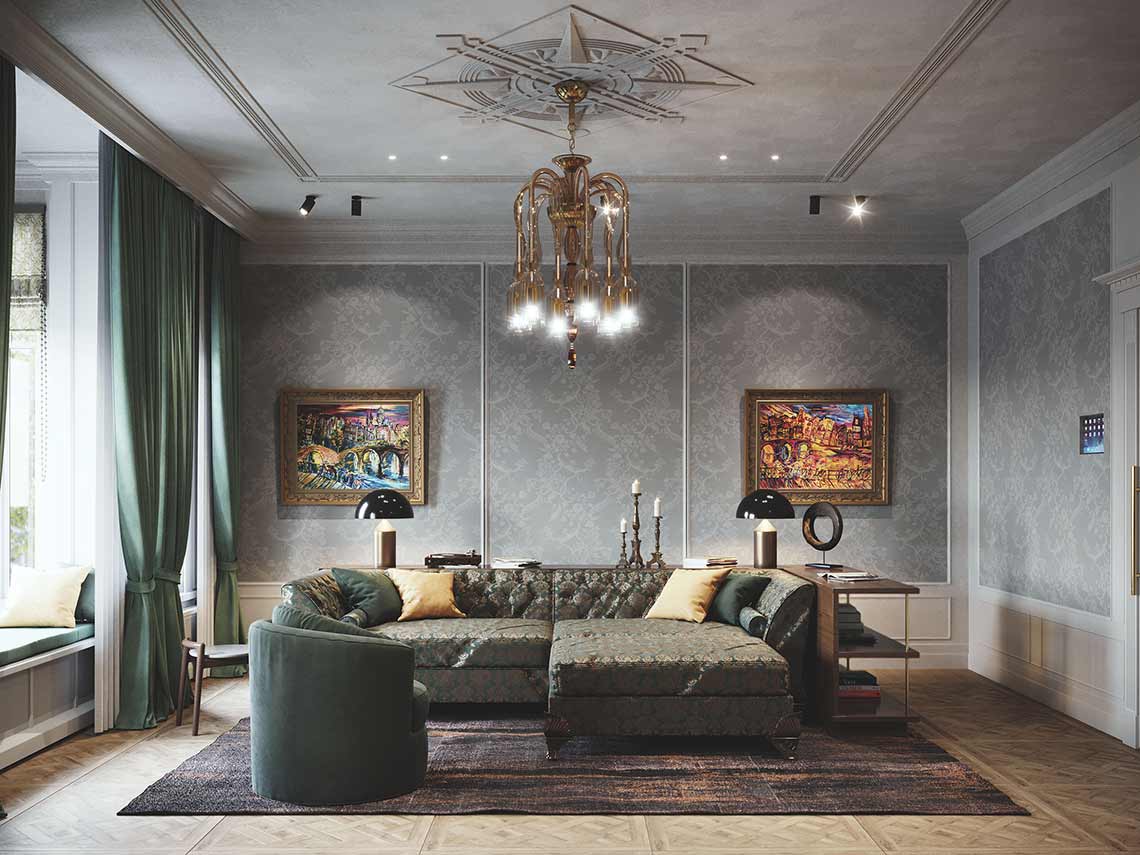 3D-Rendering eines Wohnzimmers in einer Lux-Wohnung in Amsterdam