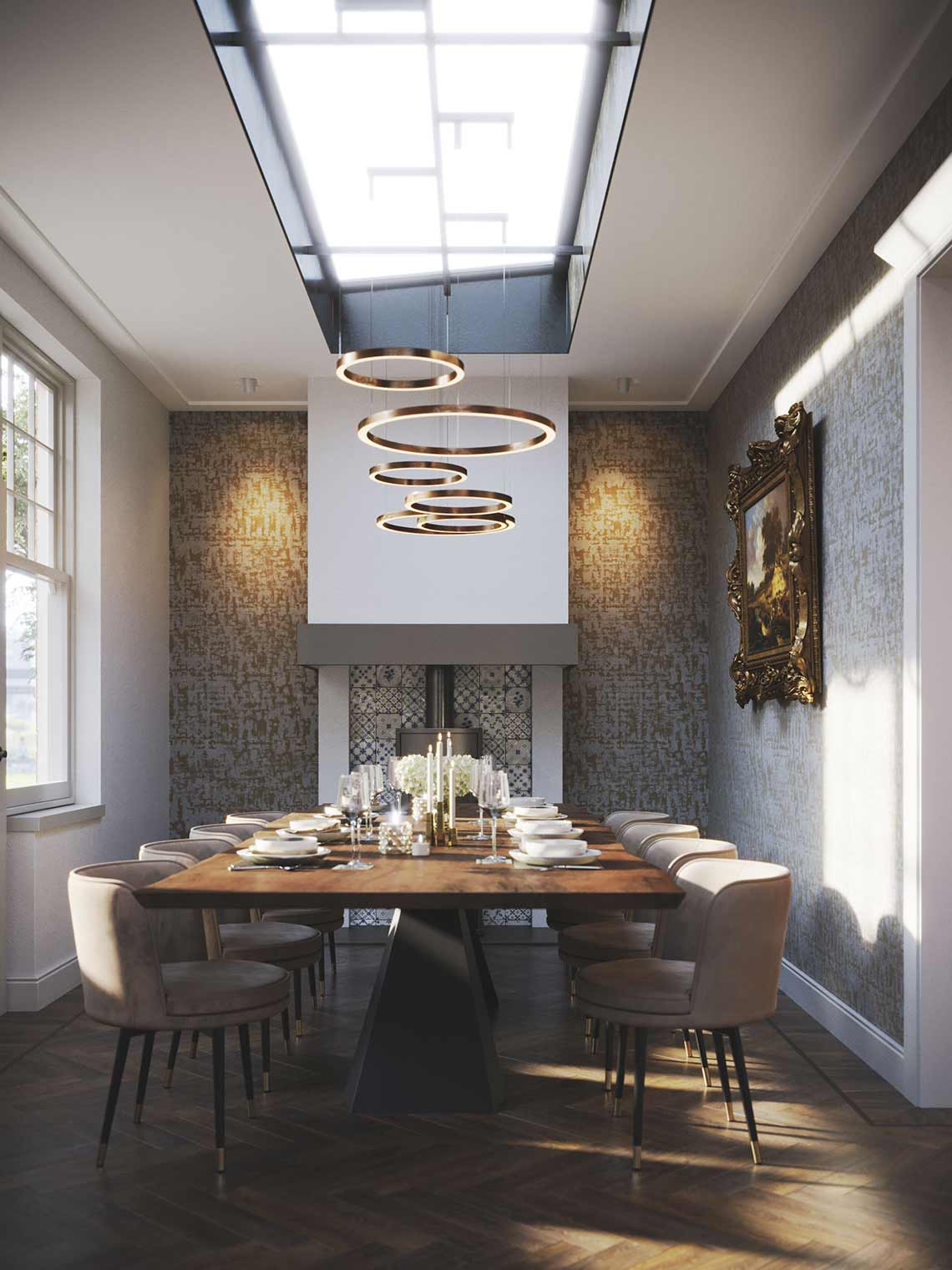 3d interior visualization of dining area in luxe Amsterdamse apartment