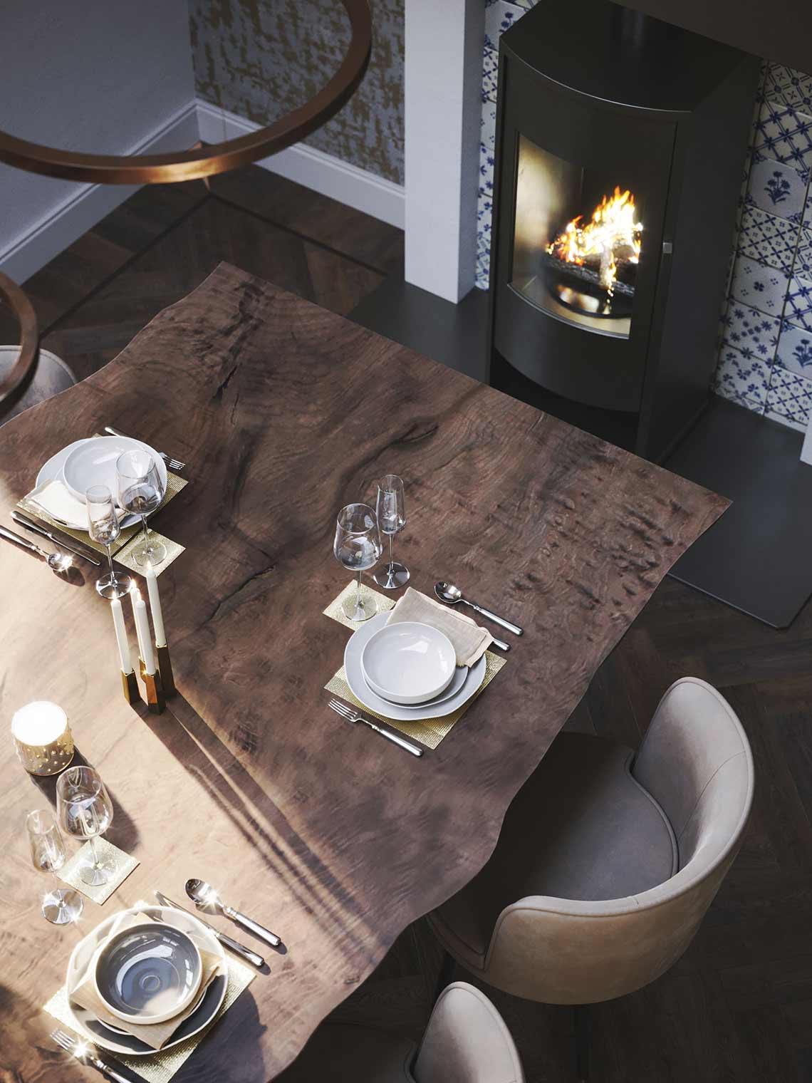 close up visualization of table, in dining area of Amsterdamse Luxe apartment