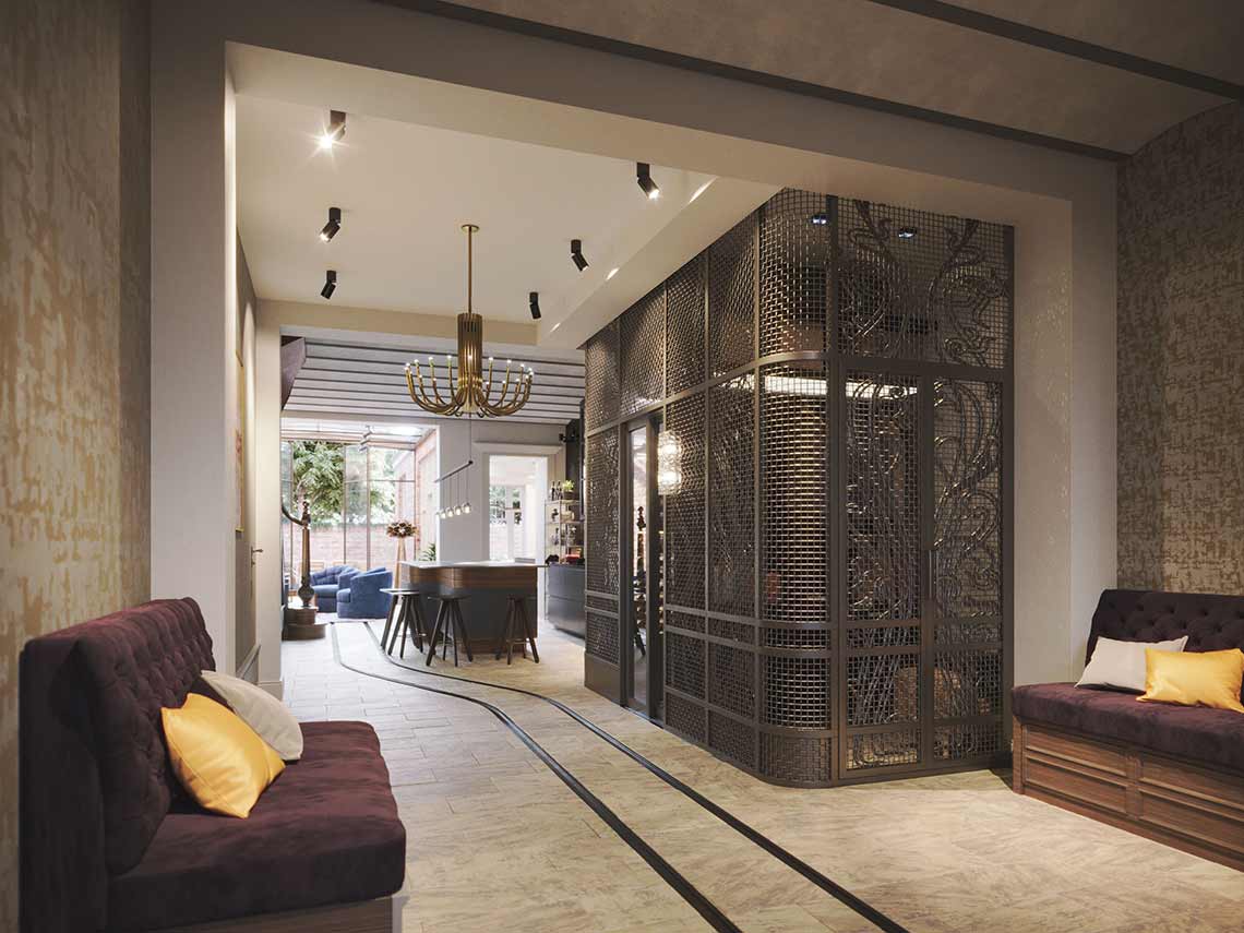 CGI of entrance area in art deco style apartment in Amsterdam