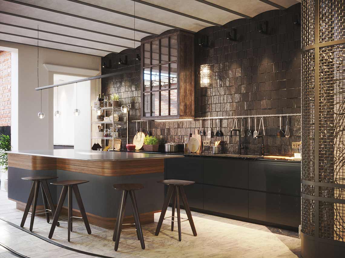 3D visualization of bar and kitchen area in luxe apartment in Amsterdam