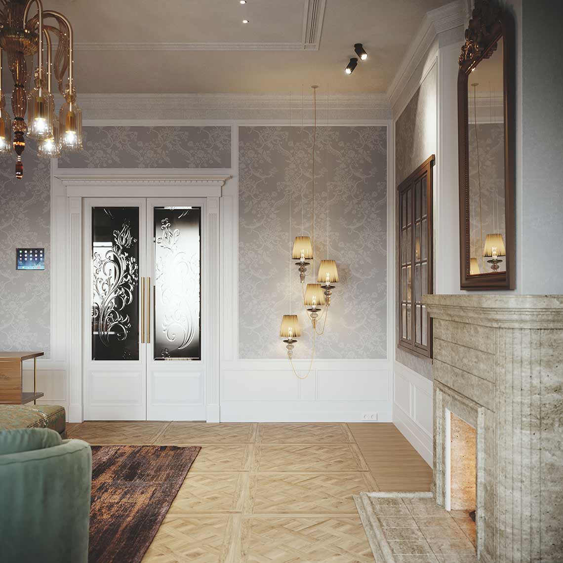 3d visualization of living room with fireplace view