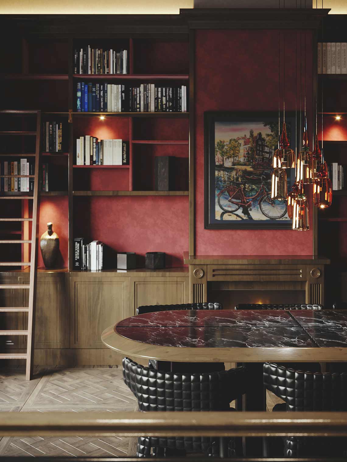 3d rendering with design table view in luxe library room