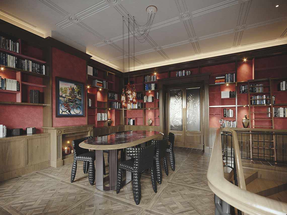 3d interior visualization of library room with design chairs and table