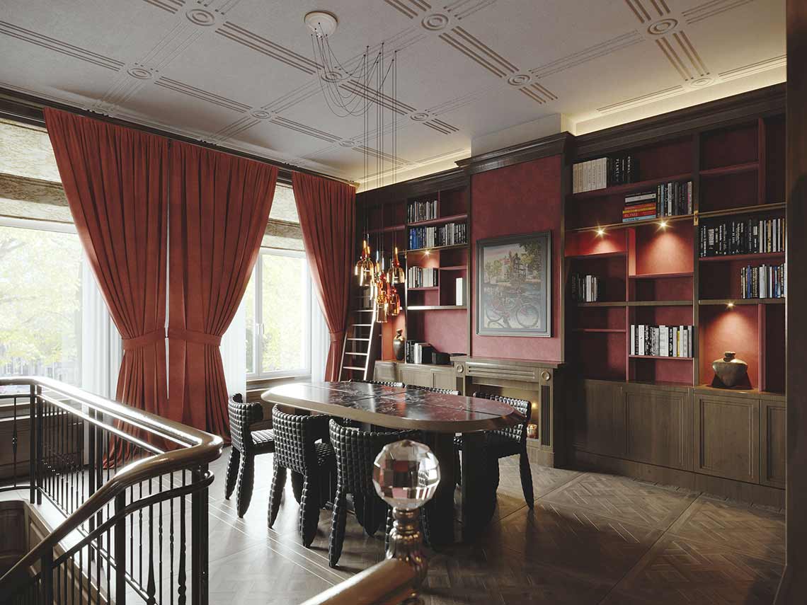 3d visualization of library room in luxe apartment in Amsterdam