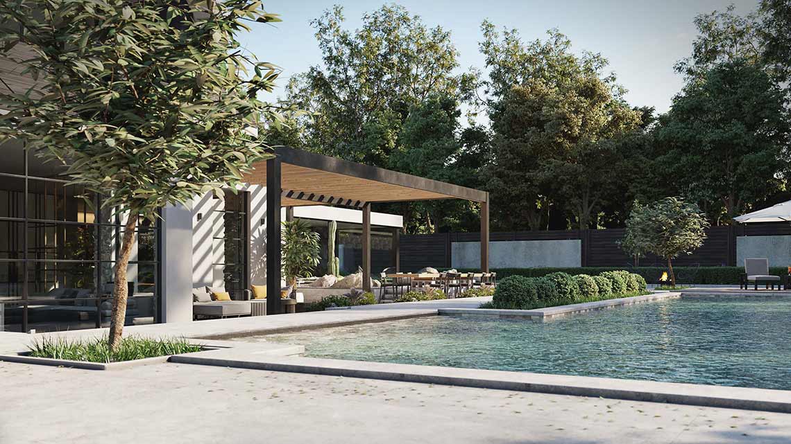 3d visualization of a modern villa with swimming pool view