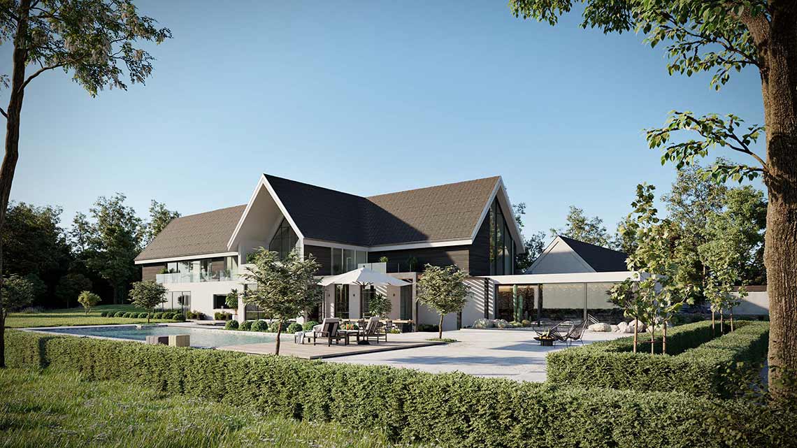Rendering Projekt einer modernen Villa in der Landschaft von UK