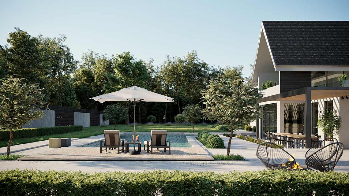 3D Visuals von Terrassenansicht einer modernen Villa in Großbritannien