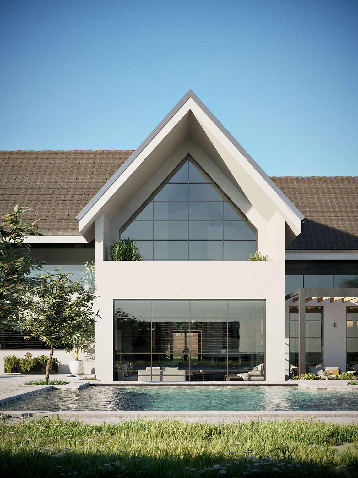 3D Visualisierung einer modernen Villa in Großbritannien, Rückansicht der Fassade