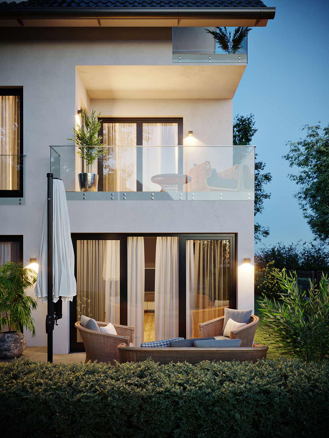 CGI-Abendvisualisierung des Terrassenblicks