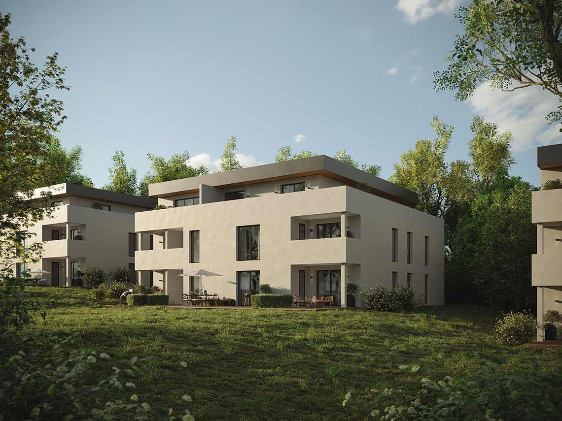 3D-Außenvisualisierung von drei Mehrfamilienhäusern in Coburg, Deutschland