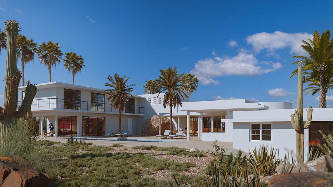 Außenvisualisierung einer modernen Villa, Rückansicht der Fassade