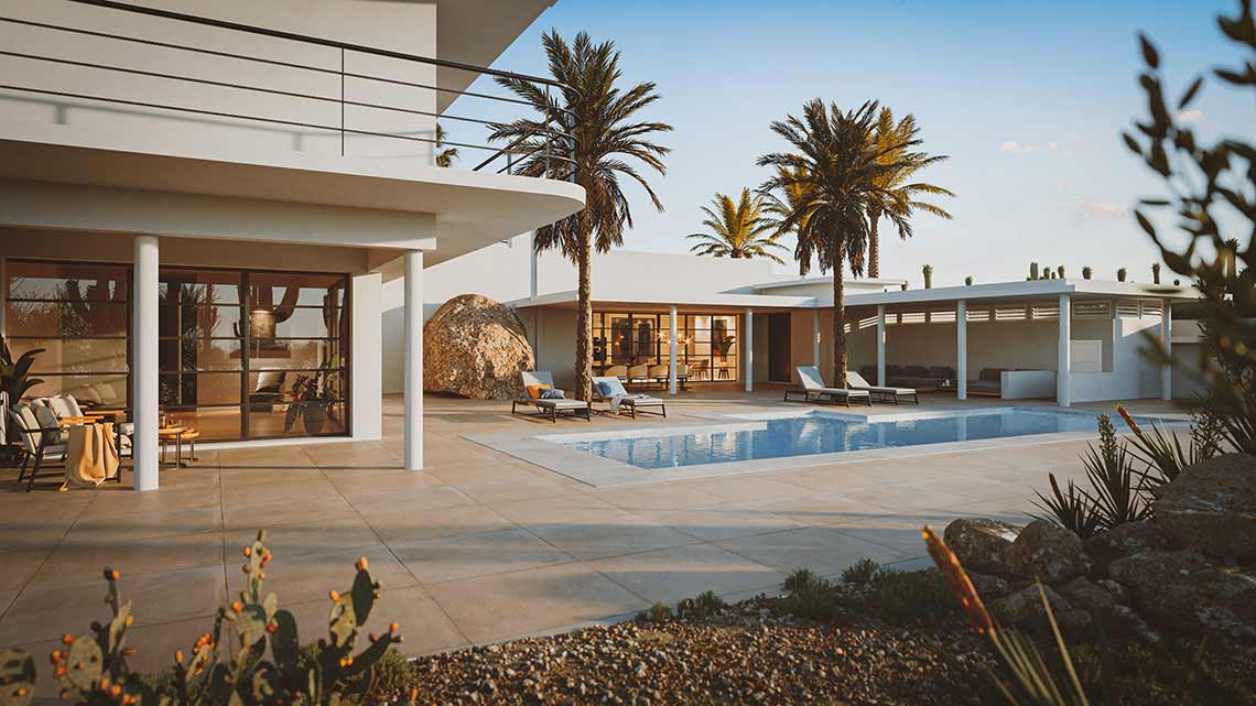 3D-Außenvisualisierung einer Luxusvilla in Curacao, Blick mit Pool