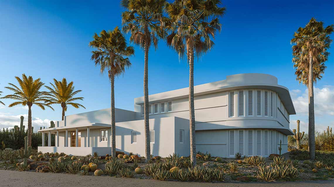 CGI eines Villenprojekts in Curacao, Ansicht von der Straßenseite