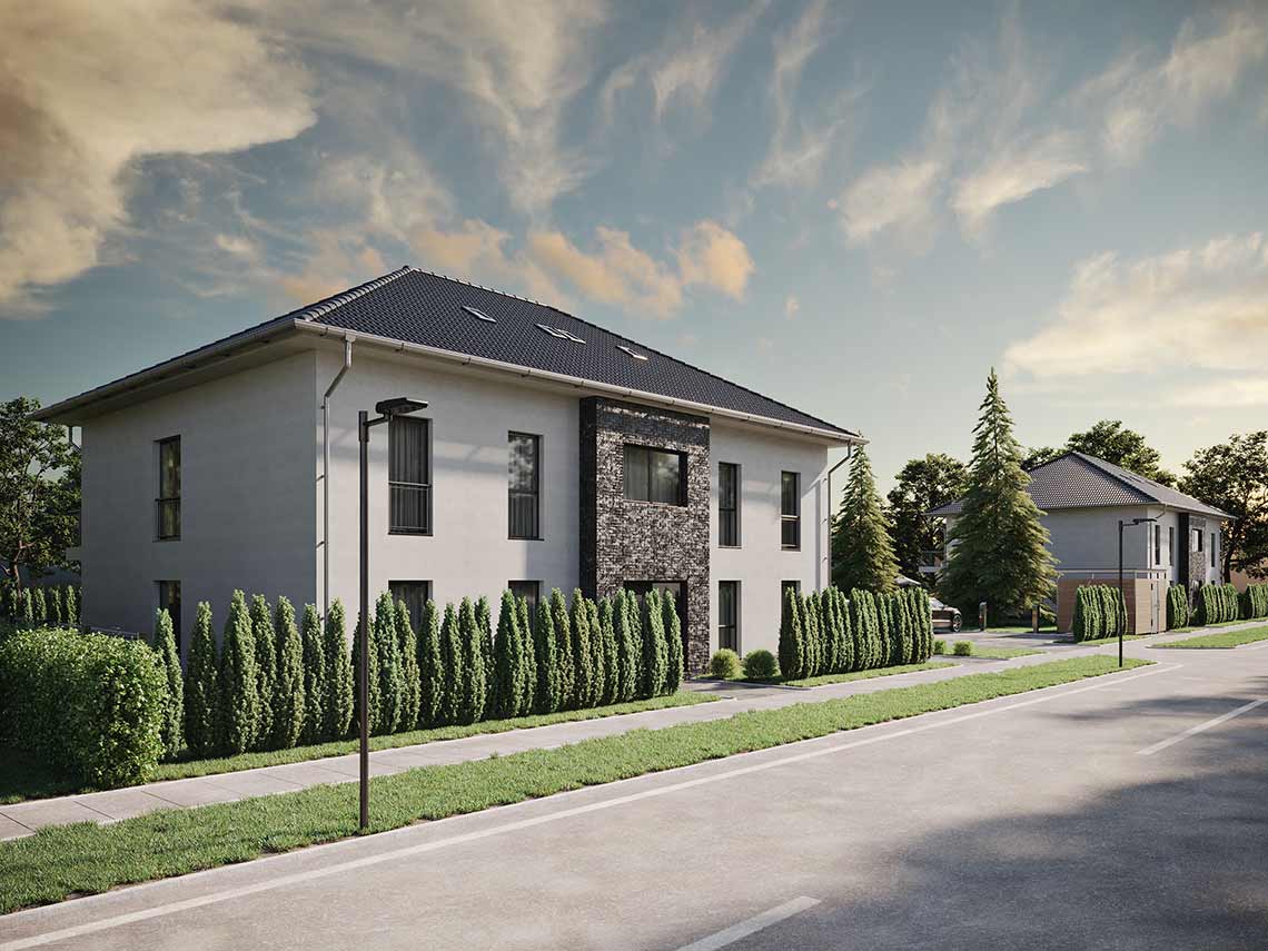 3D-Außenvisualisierung der Straßenansicht für Mehrfamilienhäuser in Deutschland