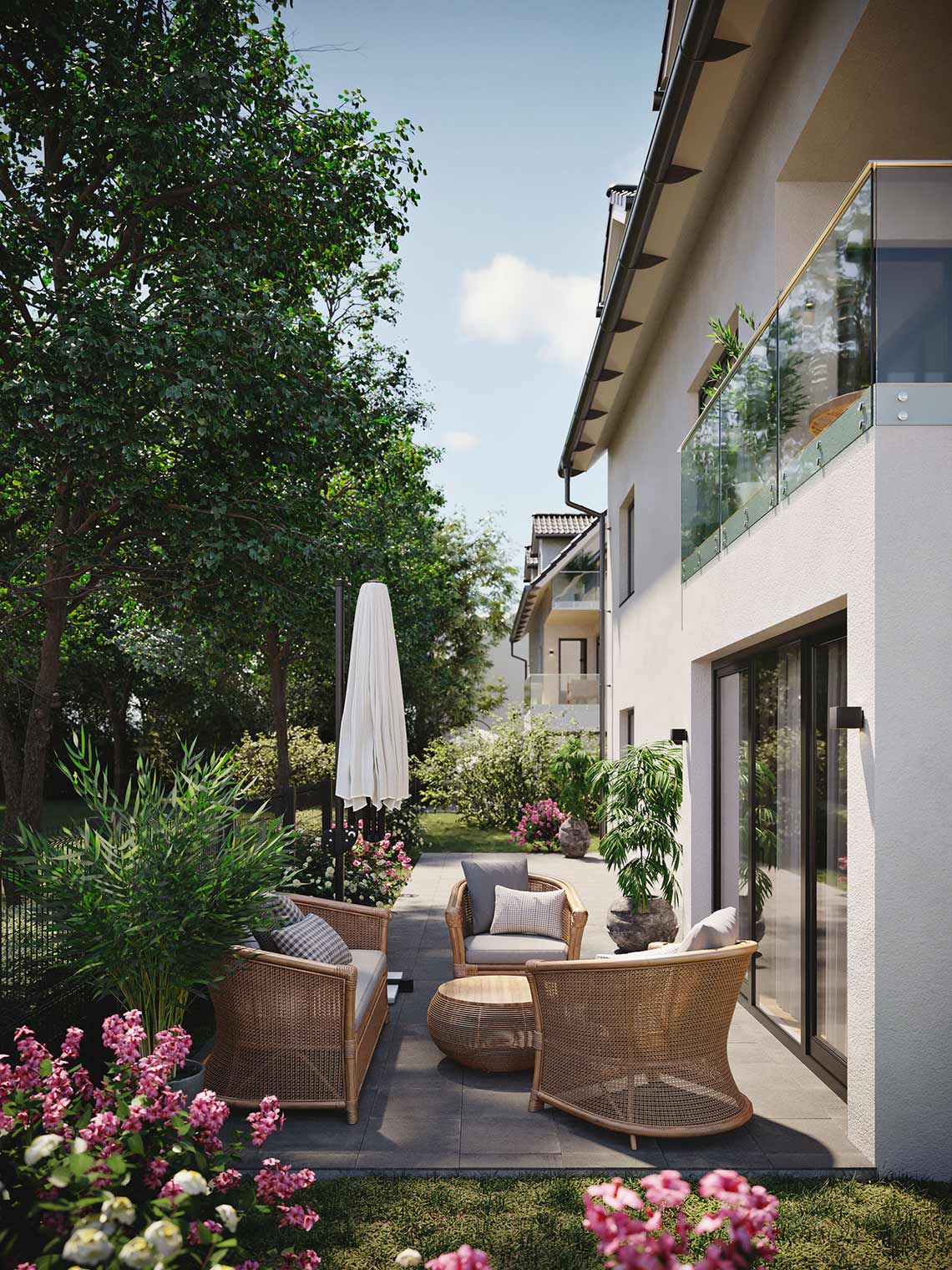 3d rendering of terrace view for multifamily house