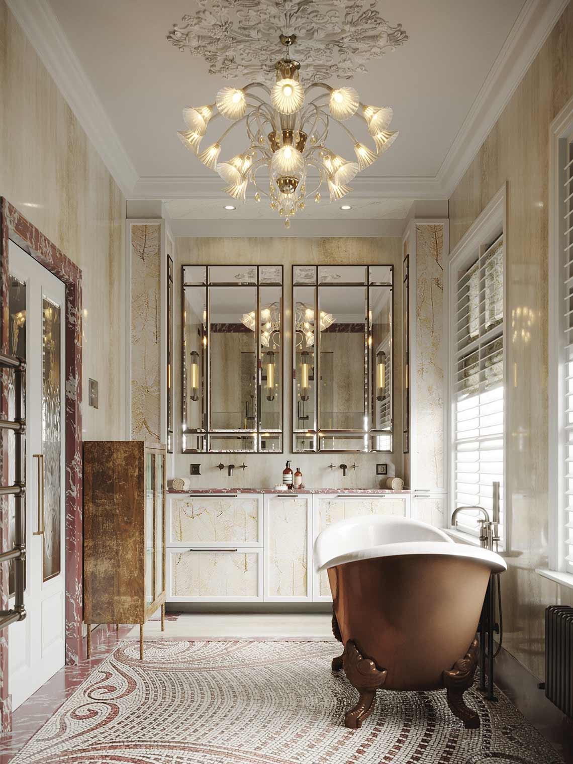 3D-Visualisierung der Wohnung im Art-Deco-Stil, Badezimmeransicht