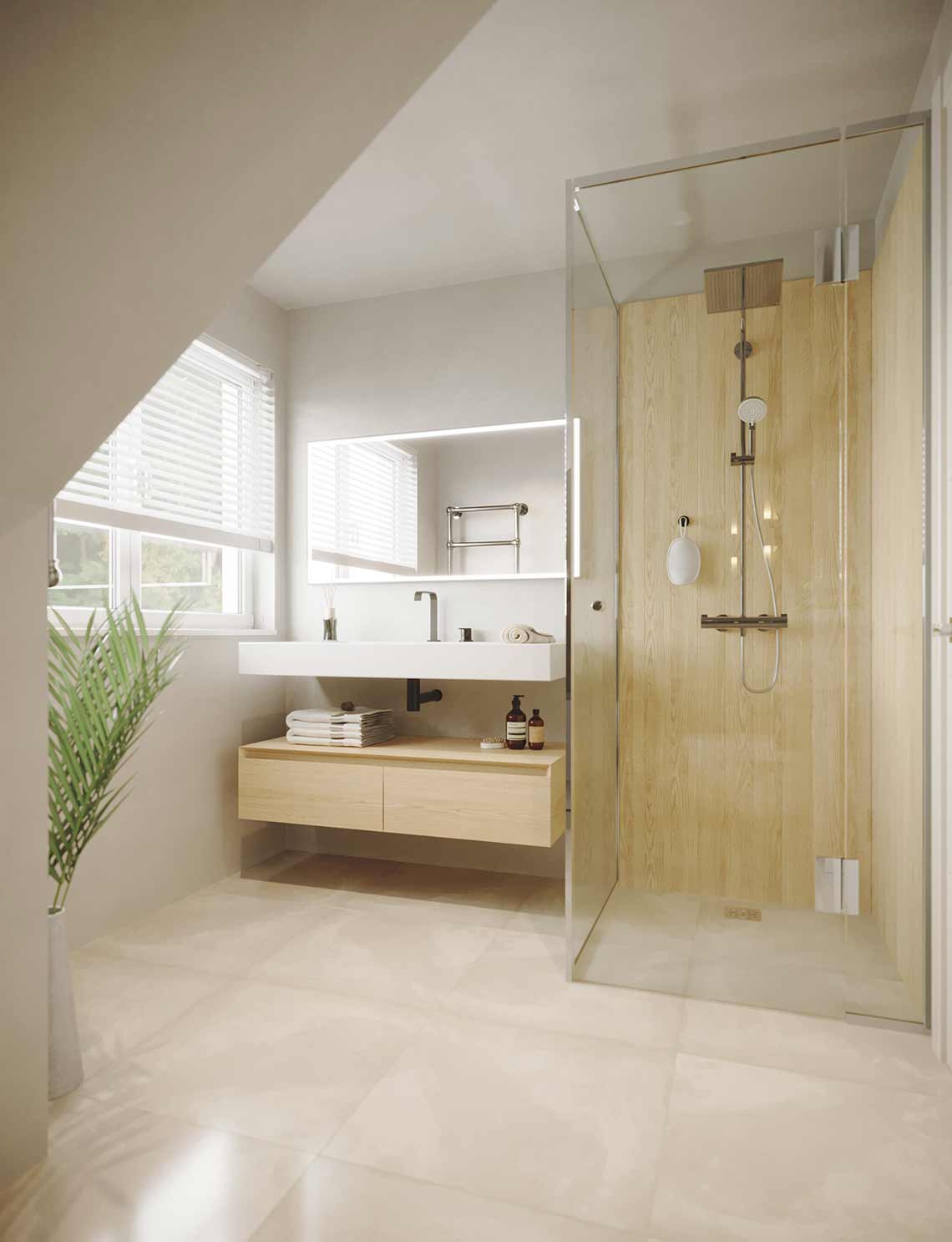 3D-Visualisierung des Duschbereichs in der Luxuswohnung in Rosenthal