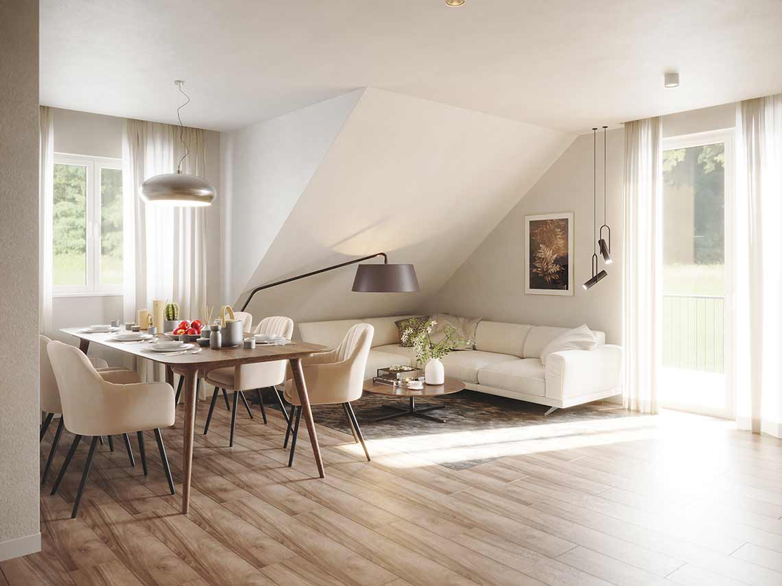 3D-Rendering von Ess- und Sitzbereich im Bereich