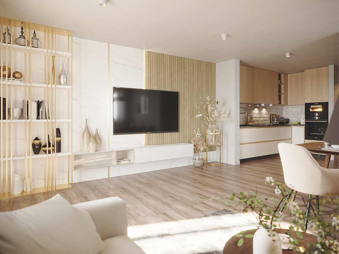3D-Innenvisualisierung des Wohnzimmers mit TV-Wandmöbeln