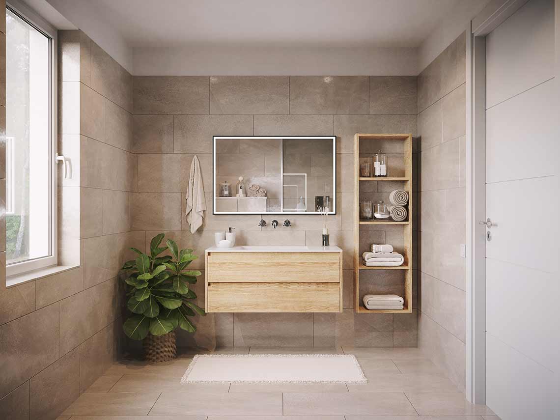 3D-Innenvisualisierung des Badezimmers in der Luxuswohnung von Neuendorf, Deutschland