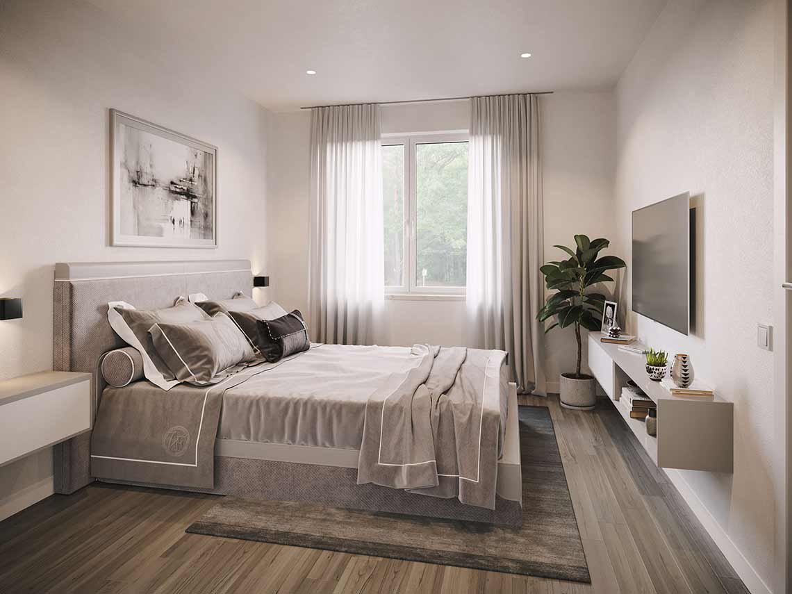 3D-Schlafzimmer-Visualisierung mit TV-Wand und luxuriösen Möbeln