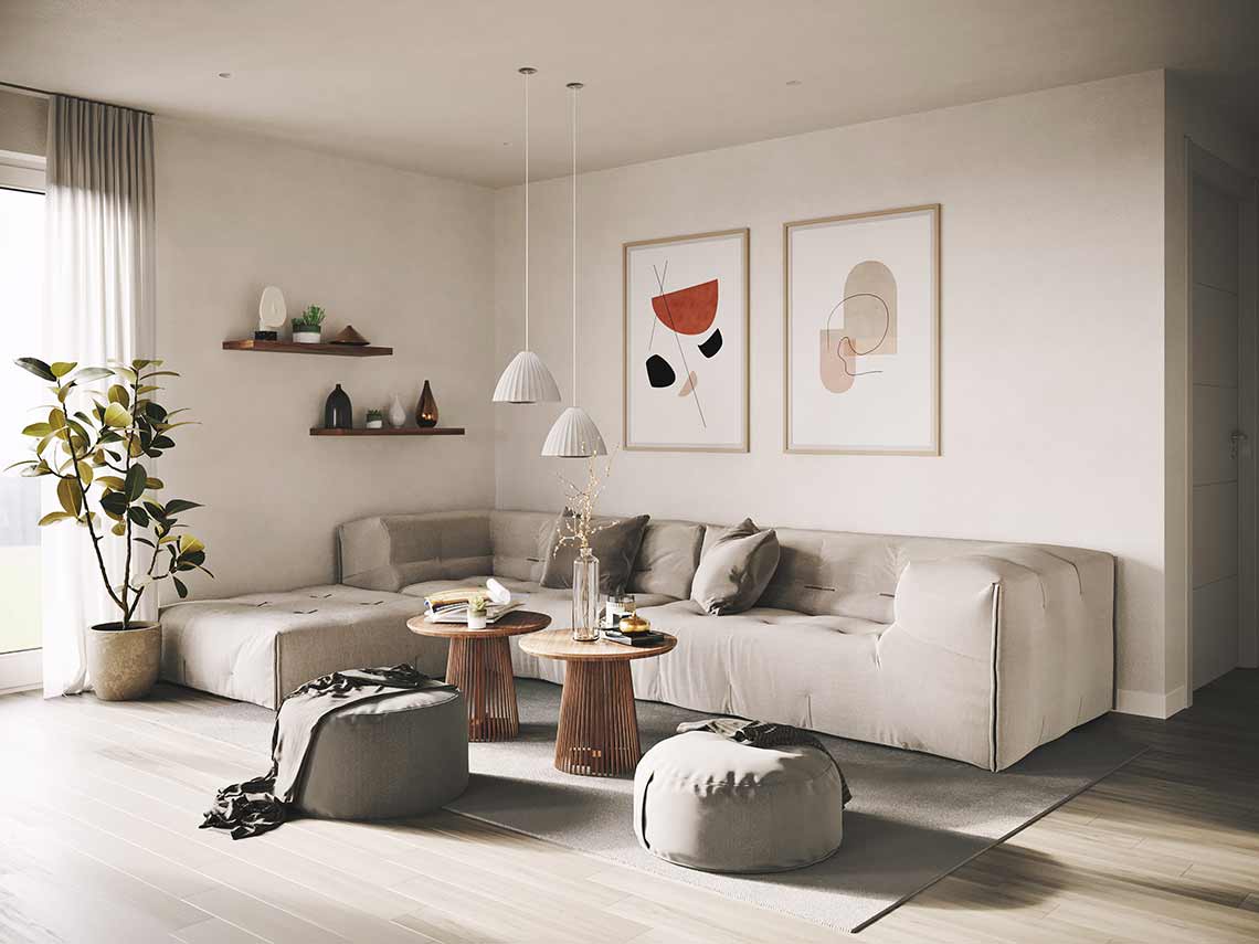 3D-Rendering des Wohnzimmers in der Lux-Wohnung