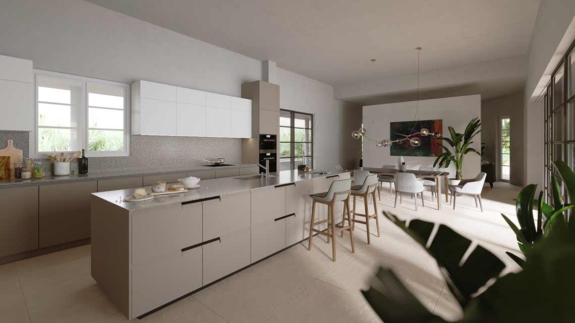 Innenvisualisierung mit Küche und Barbereich mit Esszimmer
