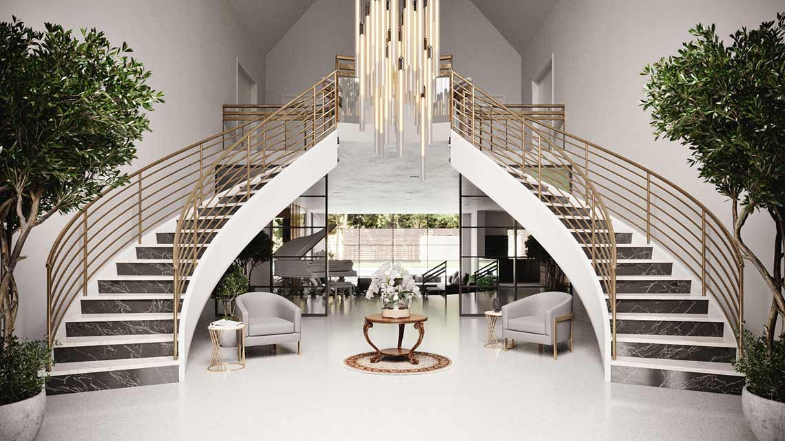 3D-Visualisierung Eingangsbereich, mit Rundtreppe