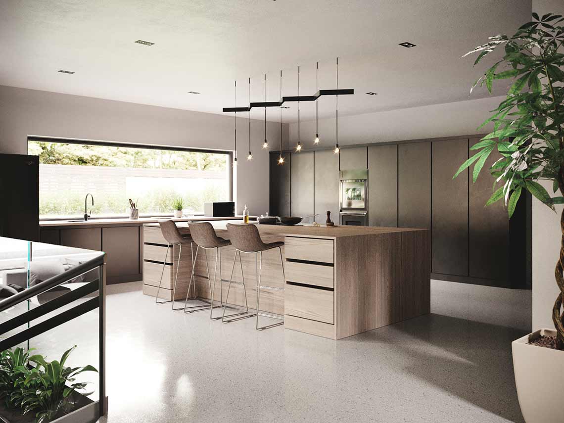 3D-Rendering des Küchen- und Barbereichs in einer modernen Luxusvilla