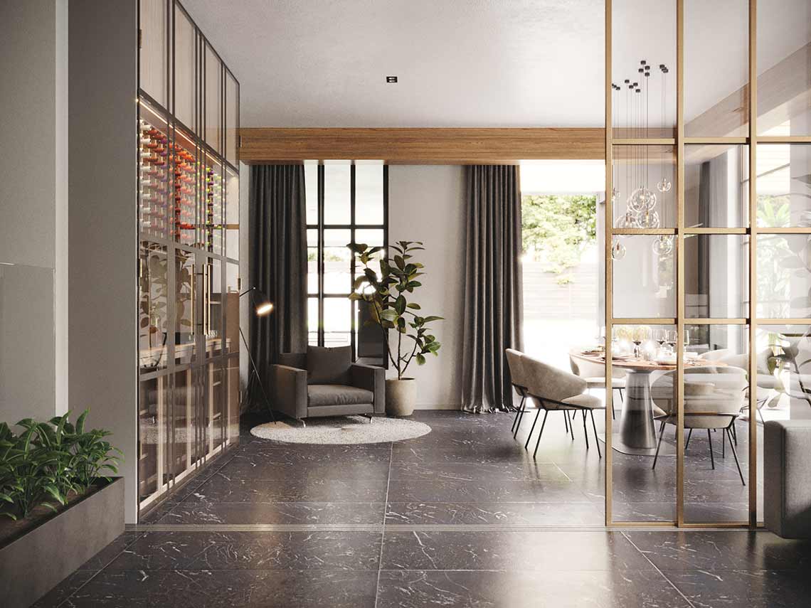 3D-Rendering eines Esszimmers mit modernen Weinregalen