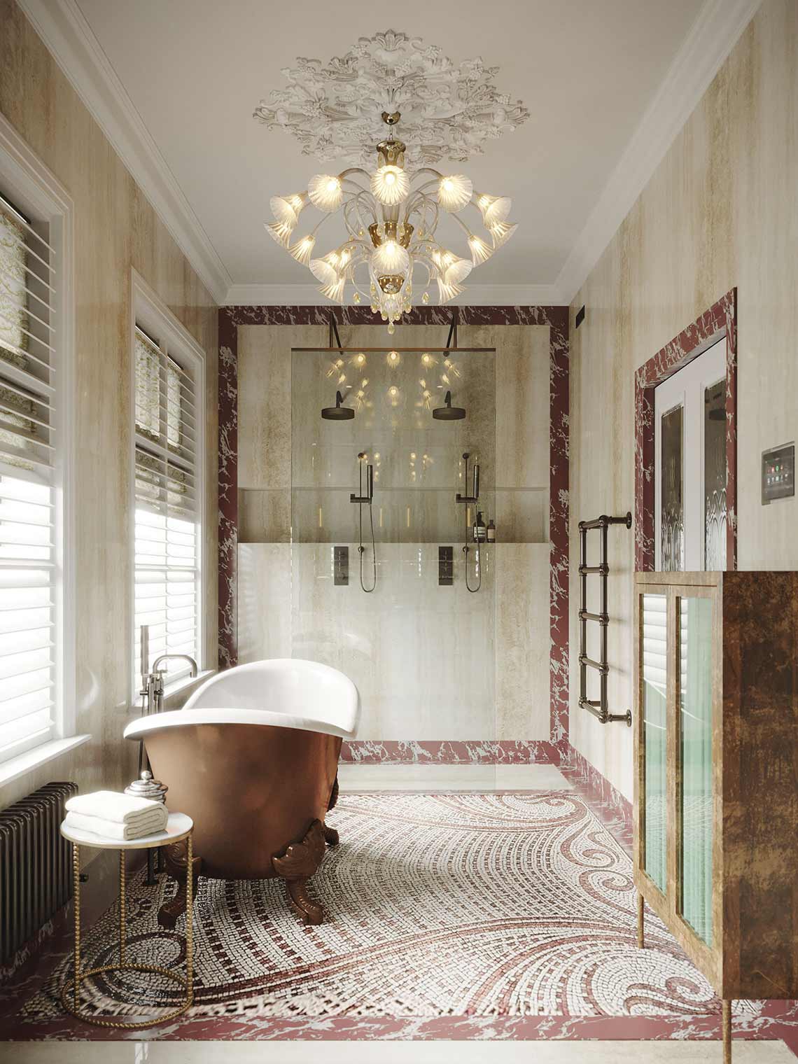 3d rendering of shower area in luxe amsterdam's apartment