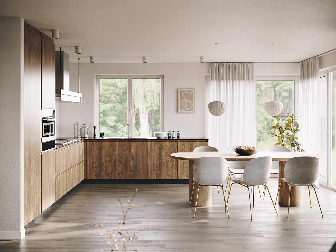 3d rendering of kitchen and dining area