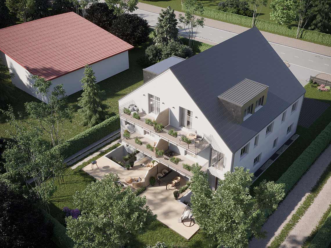3D-Rendering von Mehrfamilienhäusern aus der Vogelperspektive