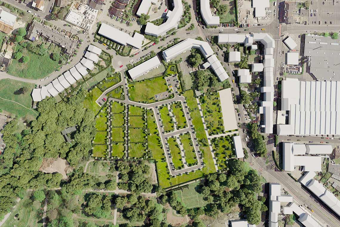 Luftbild in 3D-Rendering für Stadtplanungsprojekt