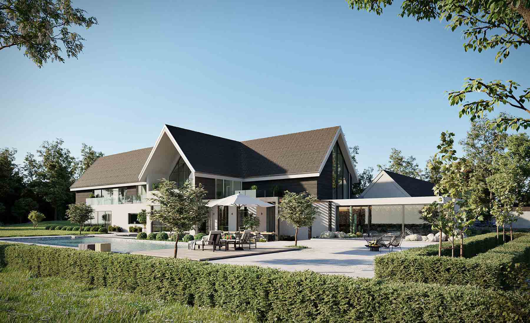 3D rendering van moderne witte villa in UK 