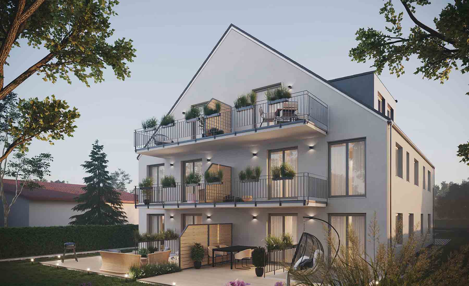 3d render van meergezinswoning in Berlijn, avondzicht